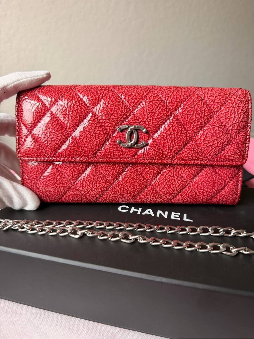 Chanel Chevron Quilted Flap Wallet Red Caviar CC Ruthenium Hardware
